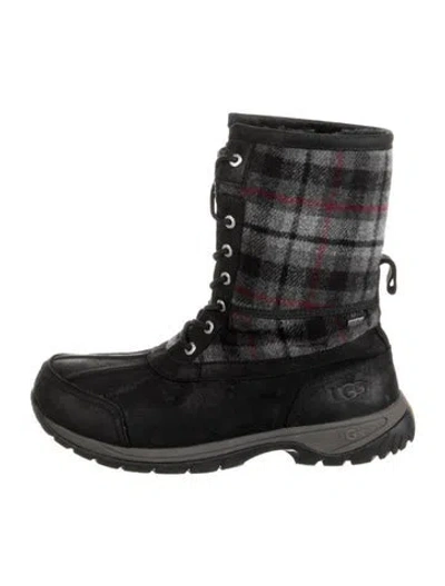 Pre-owned Ugg Suede Plaid Print Lace-up Boots In Black
