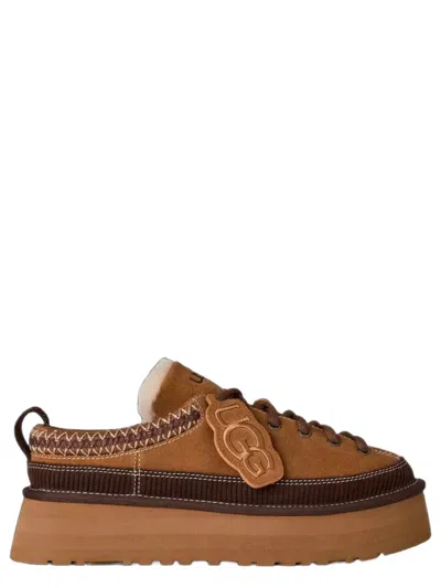 Ugg Suede Platform Sandals With Logo Charm & Ticked Lace In Brown