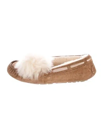 Pre-owned Ugg Suede Pom-pom Embellishments Moccasins In Brown