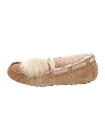 Pre-owned Ugg Suede Pom-pom Embellishments Moccasins In Neutrals