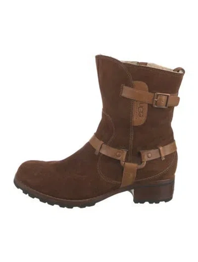 Pre-owned Ugg Suede Printed Moto Boots In Brown