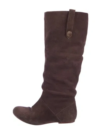 Pre-owned Ugg Suede Ruffle Embellishment Slouch Boots In Brown