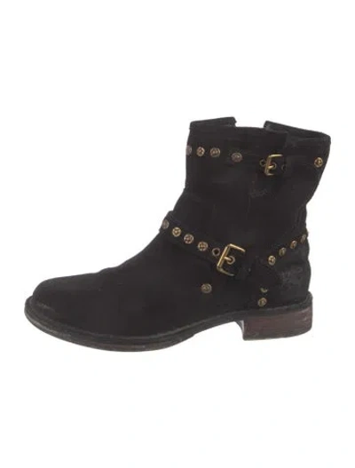 Pre-owned Ugg Suede Studded Accents Moto Boots In Black