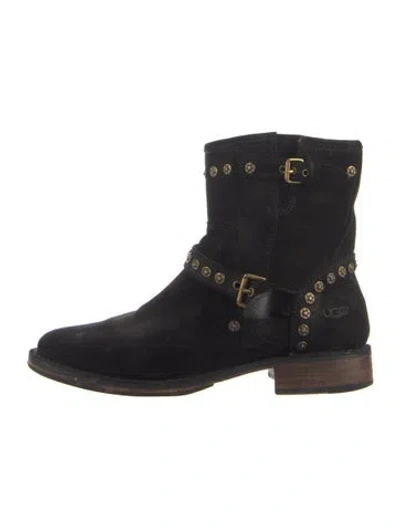Pre-owned Ugg Suede Studded Accents Moto Boots In Black