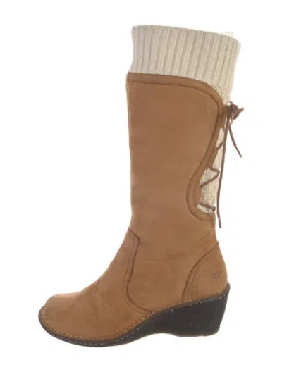 Pre-owned Ugg Suede Whipstitch Trim Riding Boots In Neutral