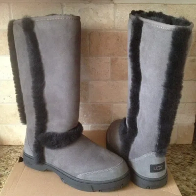 Pre-owned Ugg Sunburst Tall Grey Gray Black Suede Sheepskin Boots Size Us 12 Women In Grey / Black