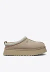 Ugg Tasman Embroidered Suede Flatform Mules In Sand