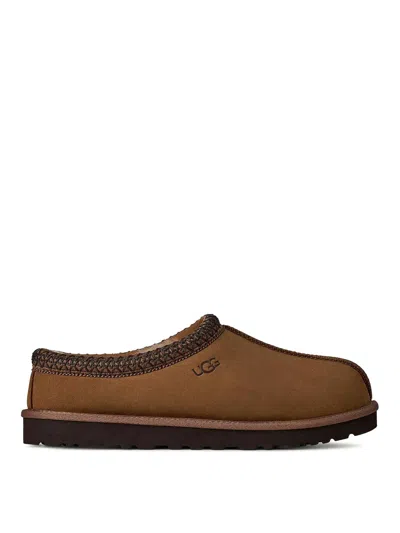 Ugg Embroidered-trim Leather Slippers In Brown
