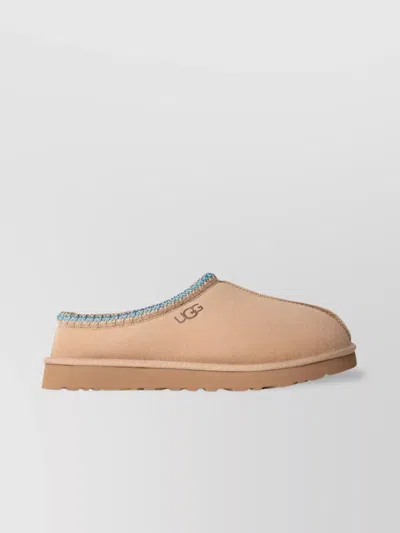 Ugg Trimmed Embroidery Slip-on Slippers In Beige