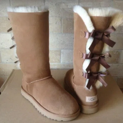 Pre-owned Ugg Triple Triplet Bailey Bow Ii Chestnut Water-resistant Tall Boot Size 8 Women In Brown