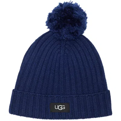 Ugg Kids' ®  Ribbed Wool Blend Pompom Beanie In Blue