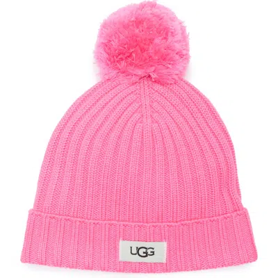 Ugg Kids' ®  Ribbed Wool Blend Pompom Beanie In Pink