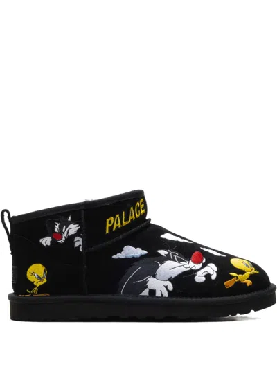Ugg Ultra Mini Cartoon-embroidered Boots In Black
