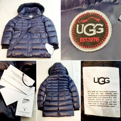 Pre-owned Ugg Valerie Belted Down Puffer Navy Fur Hood Coat Small Msrp $550 In Blue