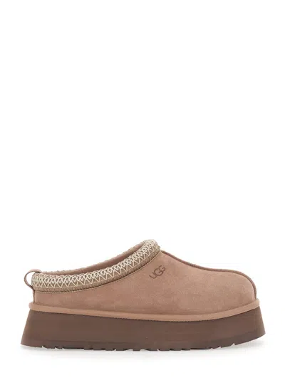 UGG TASMAN BEIGE MULES WITH EMBOSSED LOGO AND PLATFORM IN SUEDE WOMAN