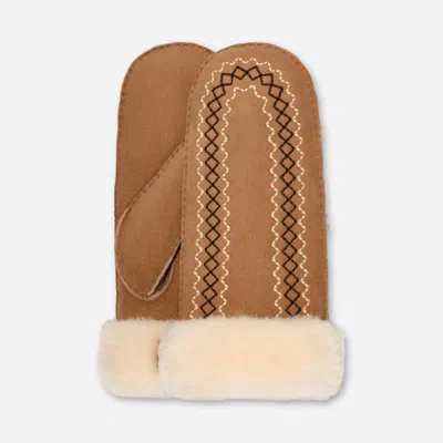Ugg ® Women's Atherson Embroidered Mitten Sheepskin In Chestnut In Brown