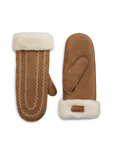 Ugg Women's Atherson Embroidered Sheepskin Mittens In Brown