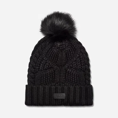 Ugg ® Women's Cable Beanie With Pom Knit/faux Fur In Black