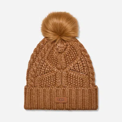 Ugg ® Women's Cable Beanie With Pom Knit/faux Fur In Chestnut