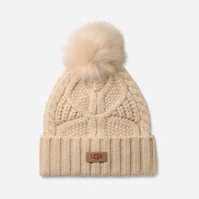 Ugg ® Women's Cable Beanie With Pom Knit/faux Fur In Cream