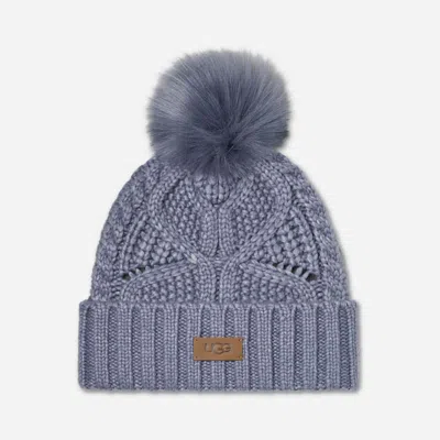 Ugg ® Women's Cable Beanie With Pom Knit/faux Fur In Silver Blue