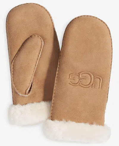Ugg Women's Embroidered Shearling Fur Mittens In Chestnut
