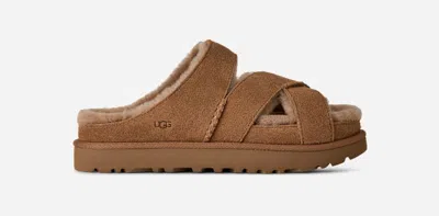 Ugg ® Women's Greenport Cross Strap Slide Sheepskin Slippers Sandal In Chestnut In Brown