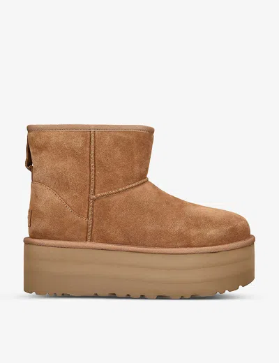 UGG WOMENS TAN CLASSIC MINI PLATFORM SUEDE AND SHEARLING BOOTS EUR 41 / 8 UK