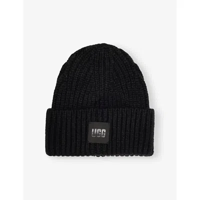 Ugg Womens Black Chunky Ribbed Logo Knitted Beanie