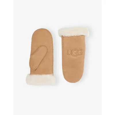 Ugg Womens Chestnut Brand-embroidered Sheepskin Mittens L/xl In Brown