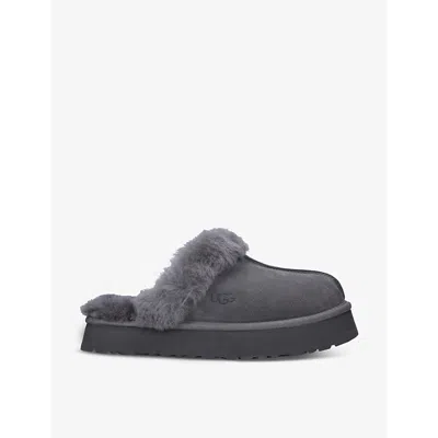 UGG WOMENS GREY DISQUETTE SHEARLING-LINED SUEDE SLIPPERS EUR 39 / 6 UK,54601391