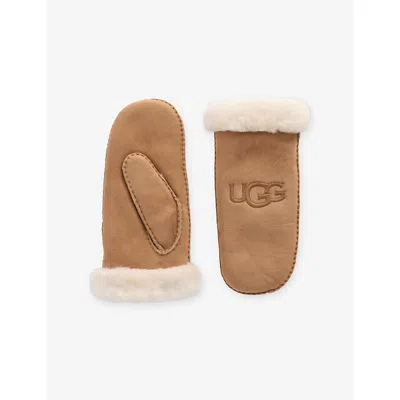 Ugg Womens Logo-embroidered Sheepskin Mittens Chestnut L/xl In Brown