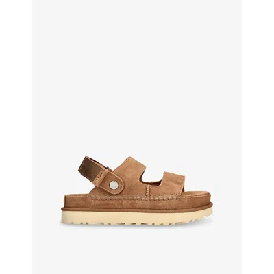 UGG WOMENS GOLDENSTAR GLIDE BRANDED SUEDE SANDALS TAN EUR 38/5 UK