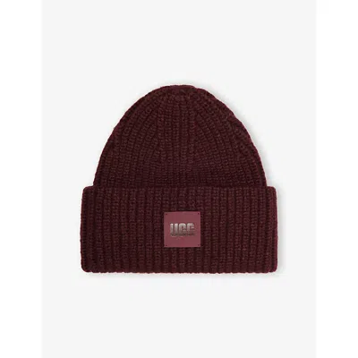 Ugg Womens Wild Grape Chunky Ribbed Logo Knitted Beanie In Burgundy