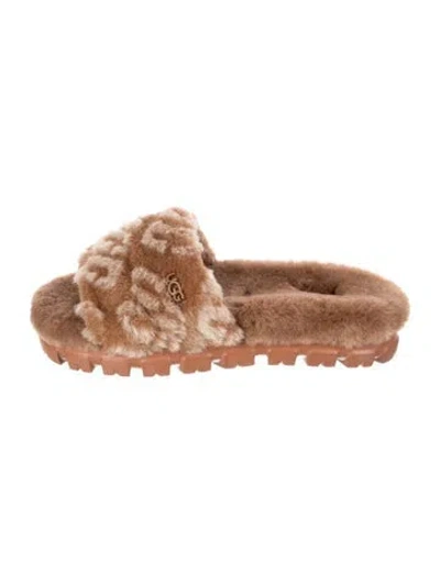 Pre-owned Ugg Wool Animal Print Slides In Brown