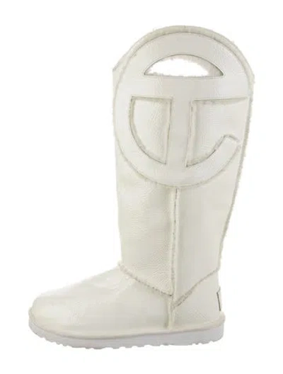 Pre-owned Ugg X Telfar Patent Leather Fur Trim Rain Boots In Neutrals/white
