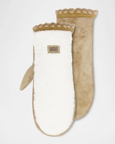Ugg Fluff Leather Scalloped Mittens In Nimbus