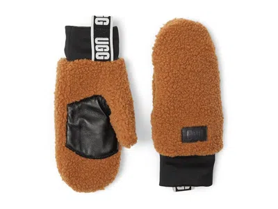 Ugg Fluff Mitten With Logo Tape Dress Gloves Chestnut: Sm-md In Brown