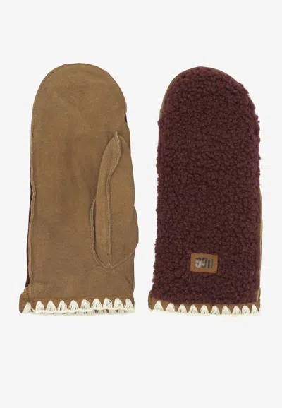 Ugg Fluff Suede And Shearling Mittens In Brown