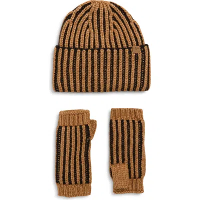 Ugg(r) Chunky Plaited Beanie & Fingerless Mittens Set In Brown