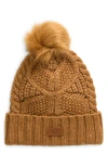 Ugg(r) Faux Fur Pompom Cable Knit Beanie In Chestnut
