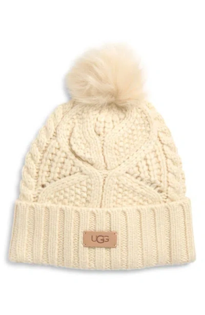 Ugg(r) Faux Fur Pompom Cable Knit Beanie In White
