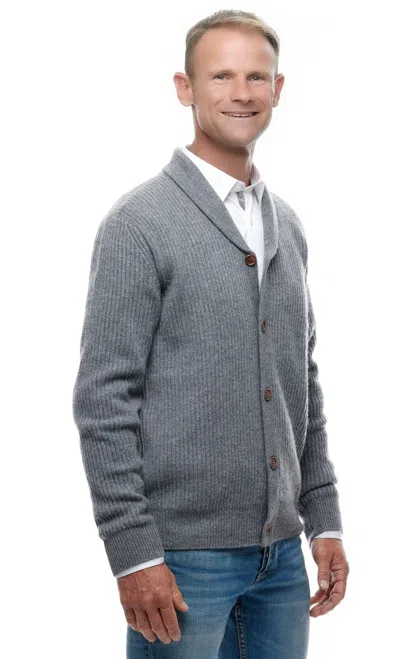 Pre-owned Ugholin Men's 100% Cashmere Shawl Collar Knitted Cardigan In Gray