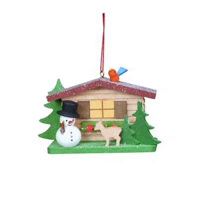 Ulbr Christian Icht Ornament - Cottage With Snowman - 2"h X 3.25"w X 1"d