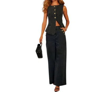 Ulivary Sleeveless Denim Vest & Wide-leg Pant Set In Black