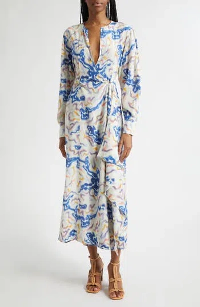 Ulla Johnson Adalyn Ikat Wave Print Long Sleeve Silk Crêpe De Chine Midi Dress In White