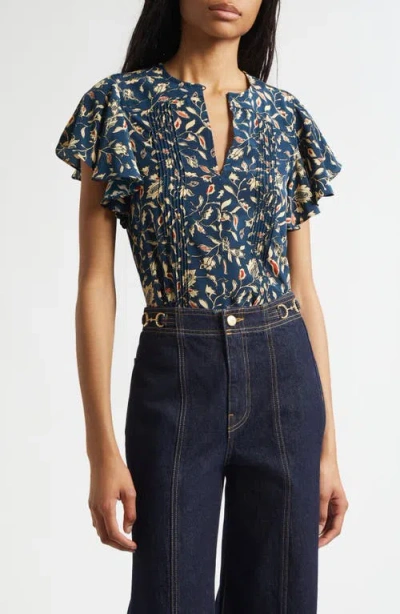 Ulla Johnson Adoni Floral Silk Split Neck Top In Blue