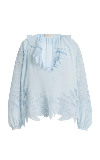 Ulla Johnson Adonis Embroidered Silk Crepe De Chine Blouse In Blue