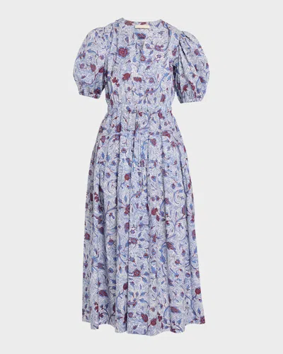 ULLA JOHNSON ADRIANA PRINTED PUFF-SLEEVE MIDI DRESS