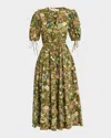 Ulla Johnson Adriana Puff-sleeve V-neck Midi Dress In Green
